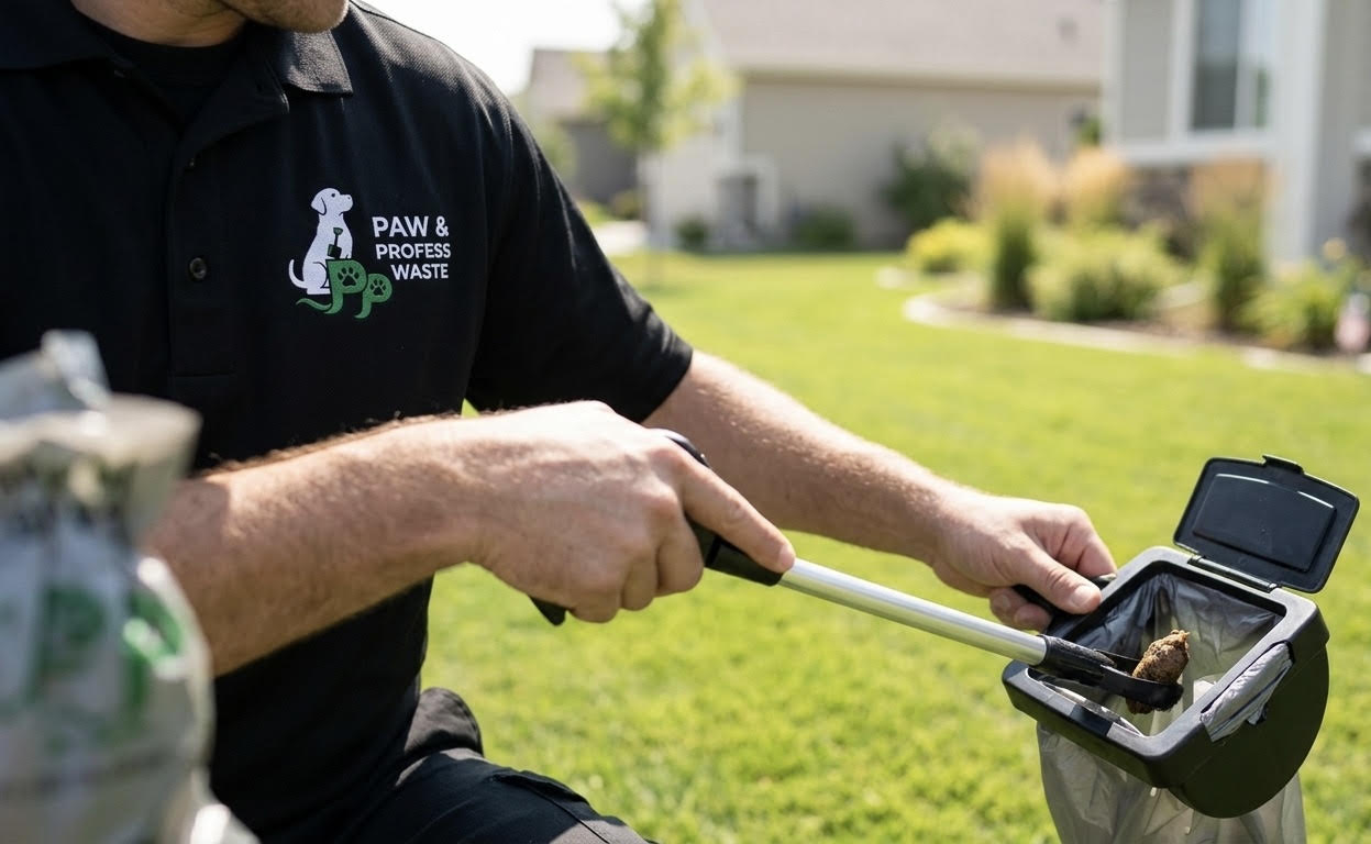 Paw & Pro crew member working carefully in a fenced backyard