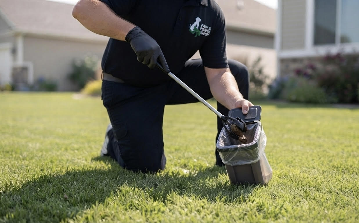 Paw & Pro scooper removing pet waste from a residential lawn