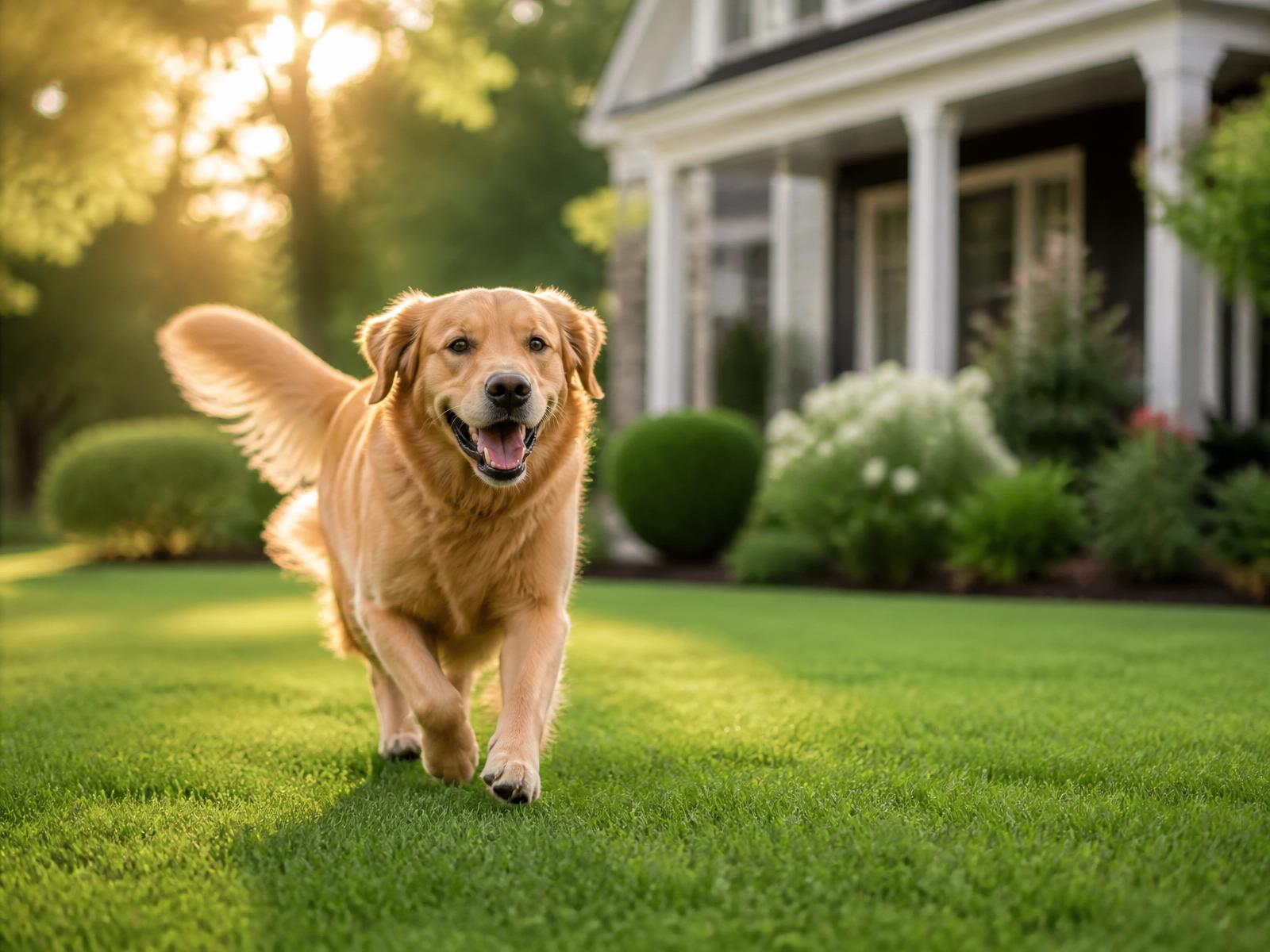 A happy dog running across a clean, well-kept backyard lawn
